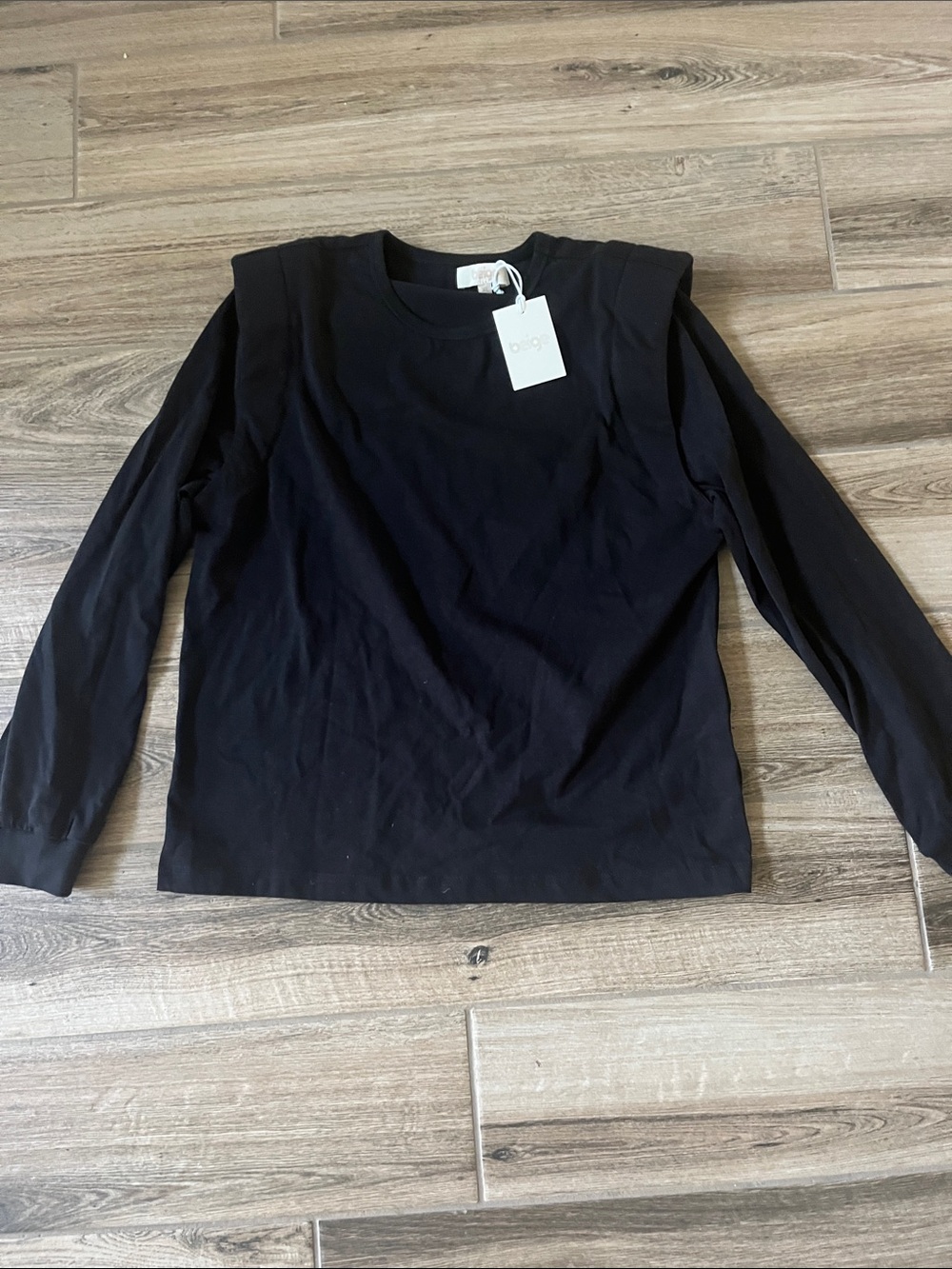 Beige NWT Black Long-Sleeve Shoulder-Pad Tee